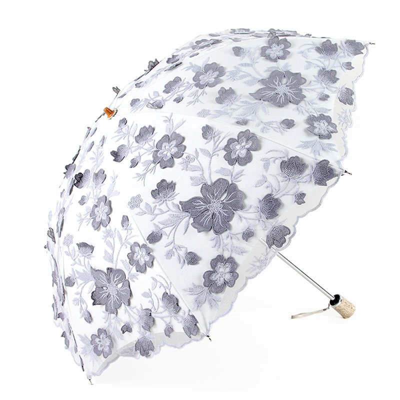 Lace Embroidery Umbrella for Female, UV Protection, Dual Layer, Flower, Princess, Sun, Rain, Fairy, Sunny