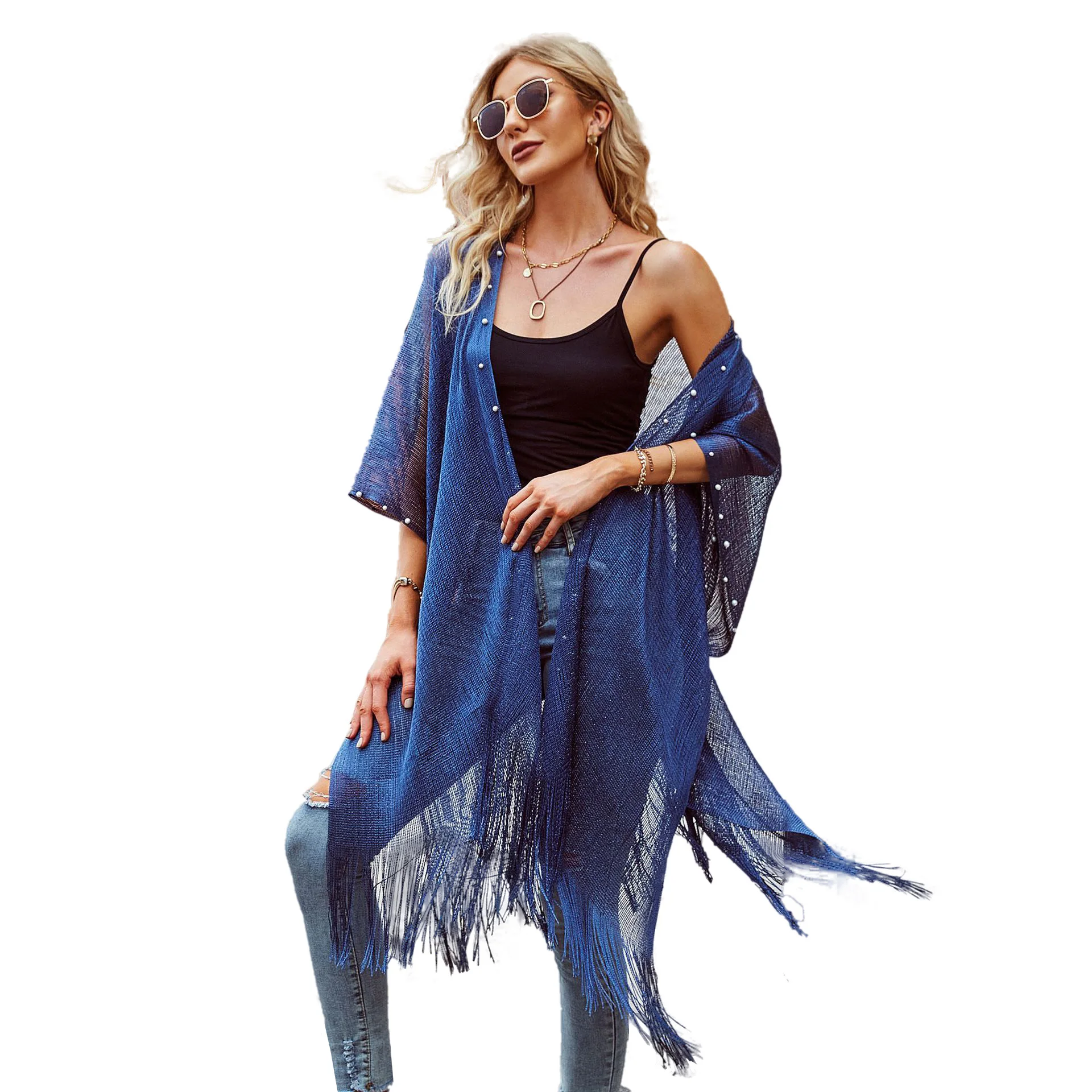 Vrouwen Zon Bescherming Sjaal Dame Zomer Hollow Out Vest Vakantie Bikini Blouse Ademend Strand Cape Sexy Tippet Met Parels