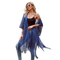 Women Sun Protection Shawl Lady Summer Hollow Out Cardigan Holiday Bikini Blouse Breathable Beach Cape Sexy Tippet with Pearls