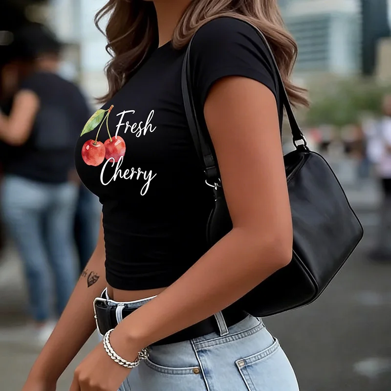 Fresh Cherry Print Women's Y2k Crop Tops Sexy Graphic Tshirt Fashion Crew Neck Short Sleeve T-Shirt 90s Cropped T Shirt Clothes