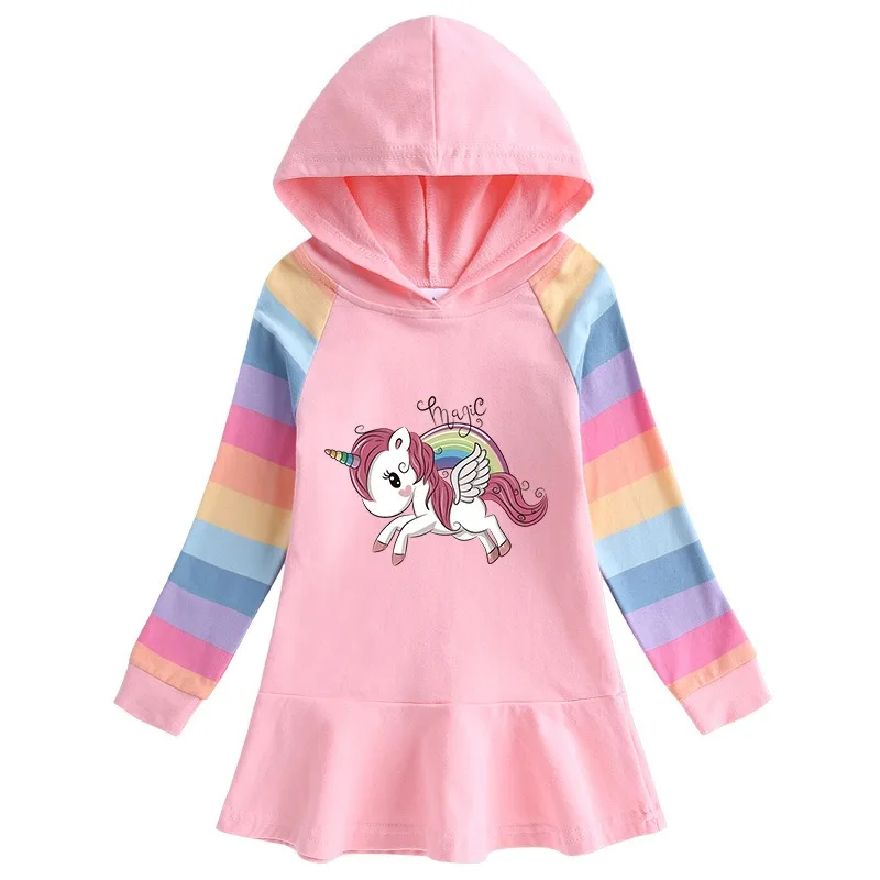 Unicorn Princess Girls Dress Autumn Cotton Toddler Kids Dresses for Children Birthday Party Clothes Costume Hooded Rainbow 2-8T