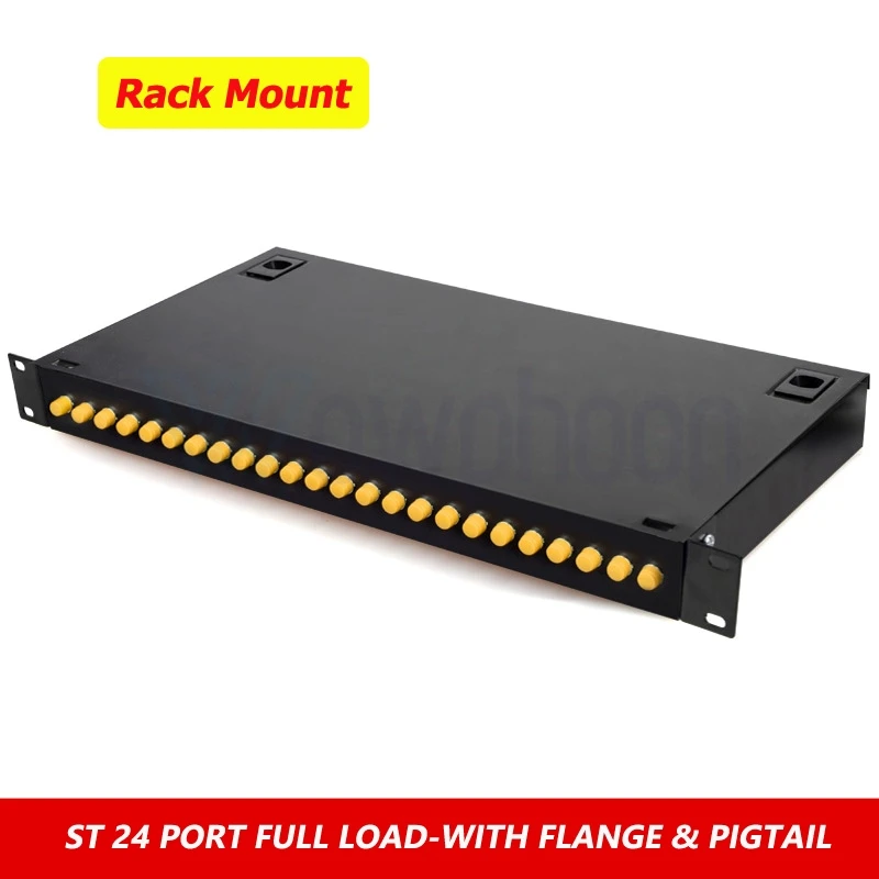 Rack Mounted Fiber Optic Patch Panel, ODF with 24Pcs or 48Core SC FC LC ST Adapter, Simplex Pigtail Customized, 24 Port