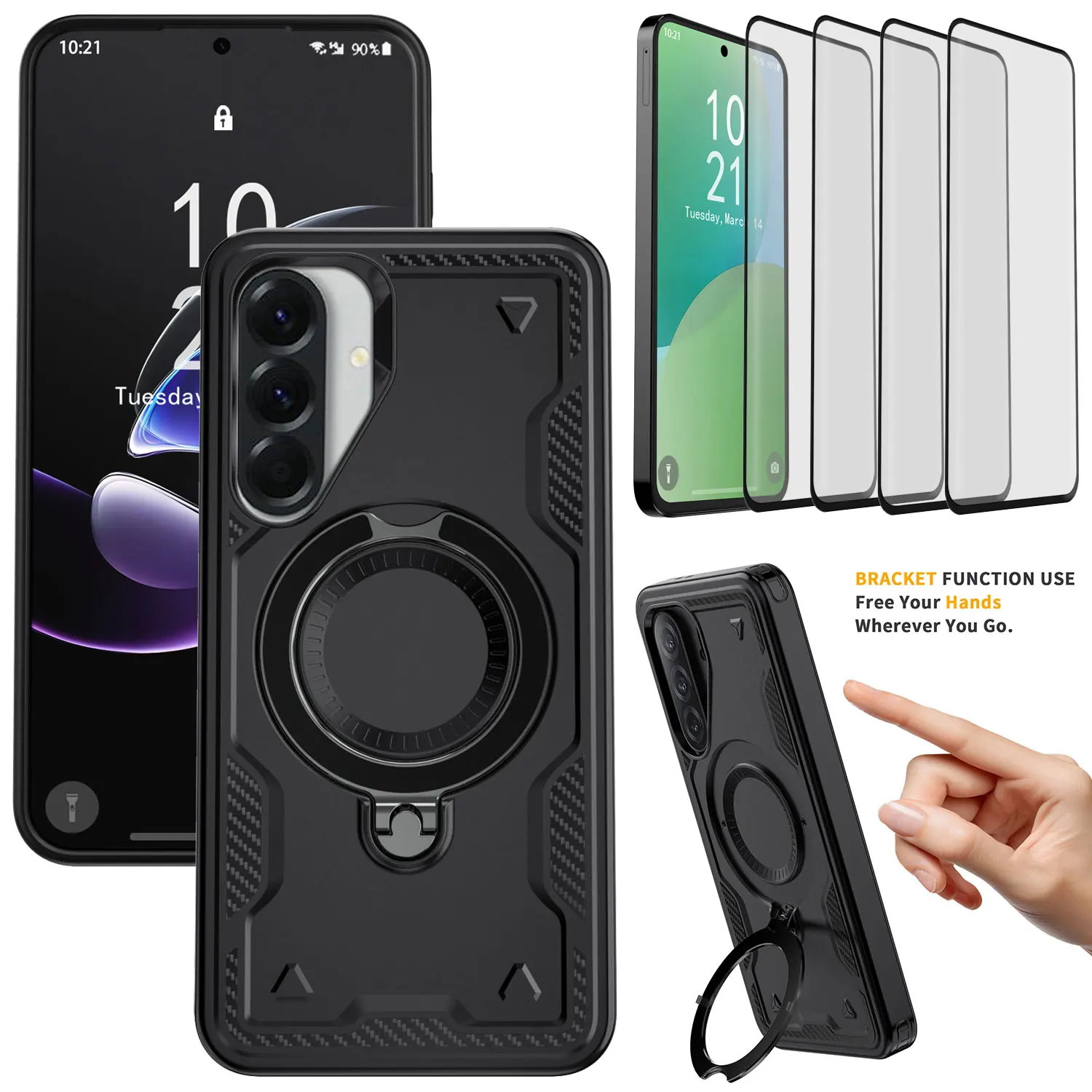 

Противоударный чехол с кольцевой подставкой + 4 шт. прозрачные защитные пленки из закаленного стекла для Samsung Galaxy A56