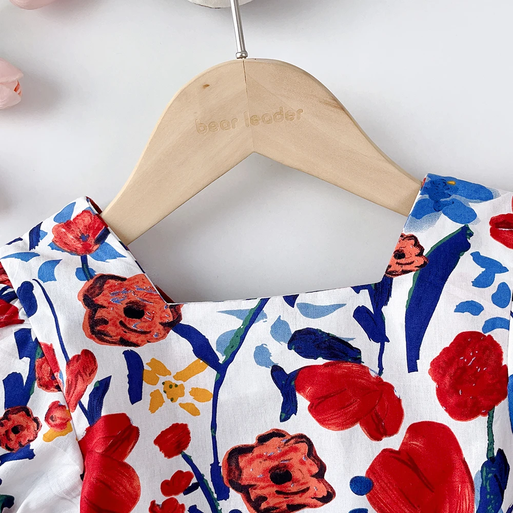 3-7 سنوات الفتيات الصيف موضة جديدة الملابس الحلوة طباعة نفخة الأكمام القوس عارية الذراعين فستان الأميرة 1 قطعة الاطفال ملابس لطيف للحفلات