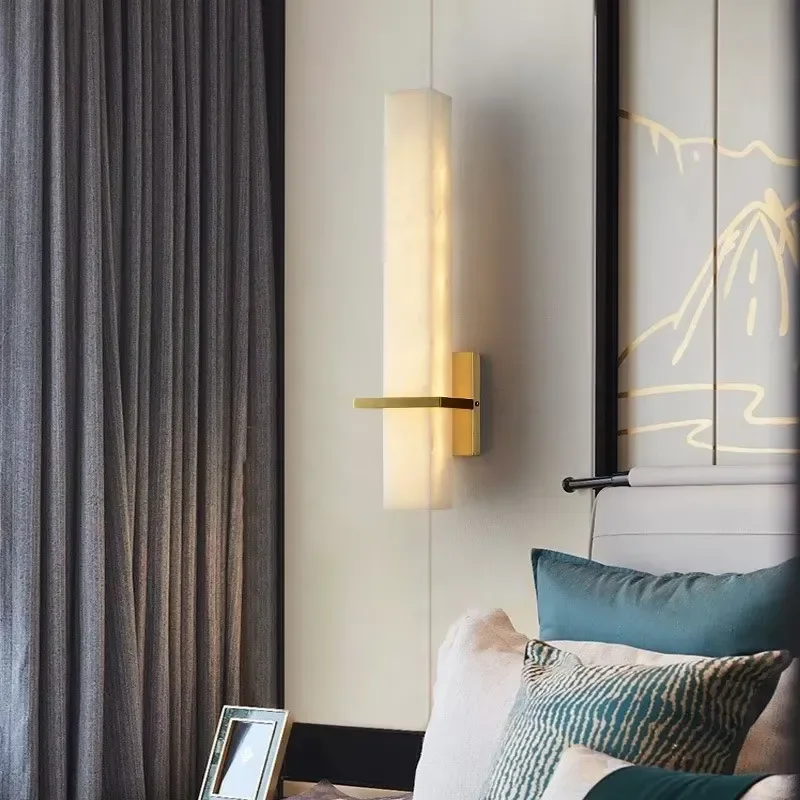 Modern LED Light Wall Lamp for Living Room TV Background Bedroom Bedside Simple Stone Copper Aisle Lamp Minimalist view 3