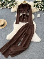 SINGREINY Office Lady Knitted Suits Female Long Sleeve Notched Collar Tops+Wide Legs Pants Women Winter Fashion Thick 2pcs Set