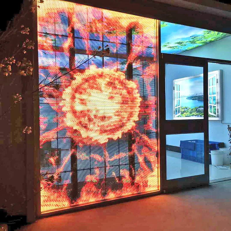 

P3.91 P4 P7.81 Urved Curtain Transparent Mesh Film LED Screen Display in Glass Wall