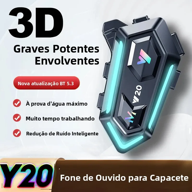 Fone de Ouvido Bluetooth para Capacete de Moto Y20 BT5.3 com Chamada Mãos-Livres, Redução de Ruído Sem Fio, À Prova D'água e Luz RGB