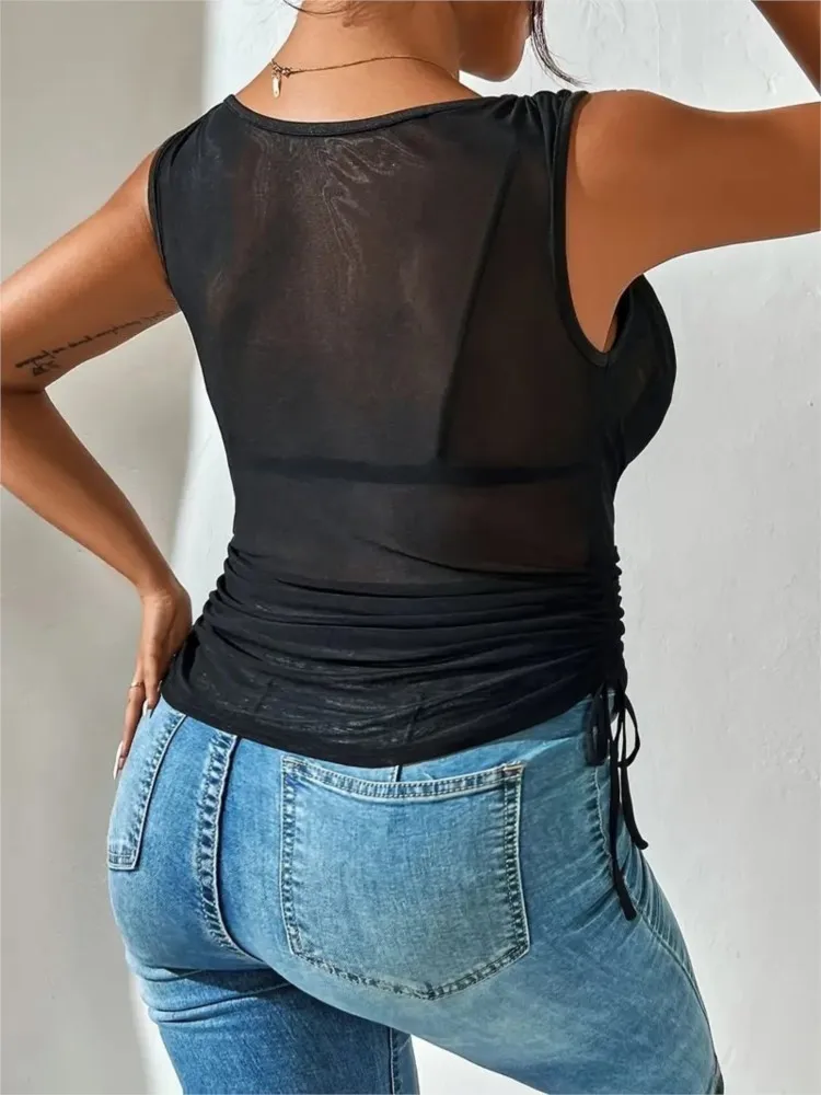 Vrouwen Sexy Mesh Mouwloos Vest Blouse Zomer Elegante V-hals Tank Tops Vrouwelijke Casual Slanke Effen Kleur Shirt Top Nieuw