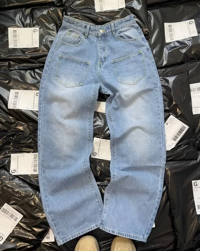 Jeans retro americano com estampa de flor de cerejeira, calças jeans hip hop, calças casuais de perna larga, streetwear y2k, harajuku, gótico, 2024