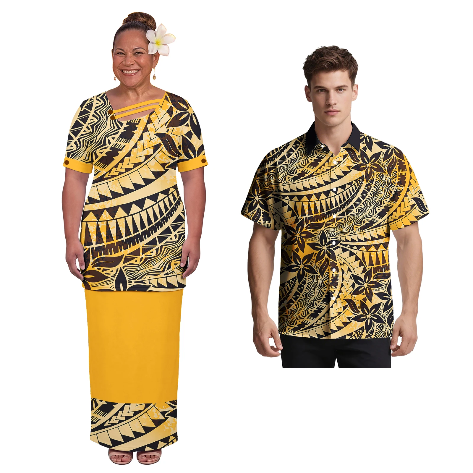 New Custom Pattern Puletasi Polynesian Pacific Island Buttoned Top Elegant Beach Party Dress For  Women Couple Outfits