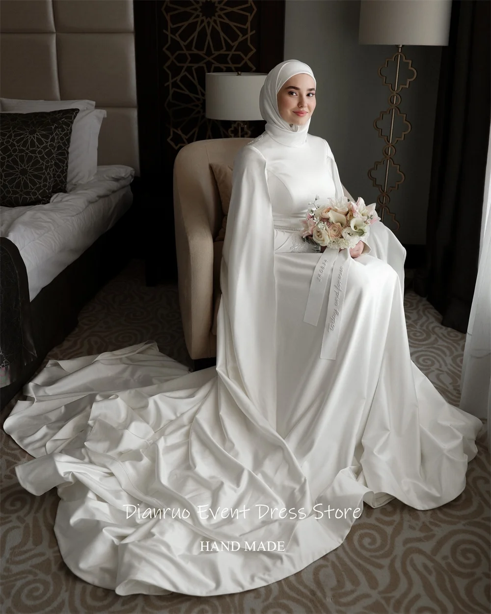 Dianruo bescheiden A-lijn trouwjurk trein bevestigd Grand vestido de noiva ruches cape mouwen vintage avondjurk op maat