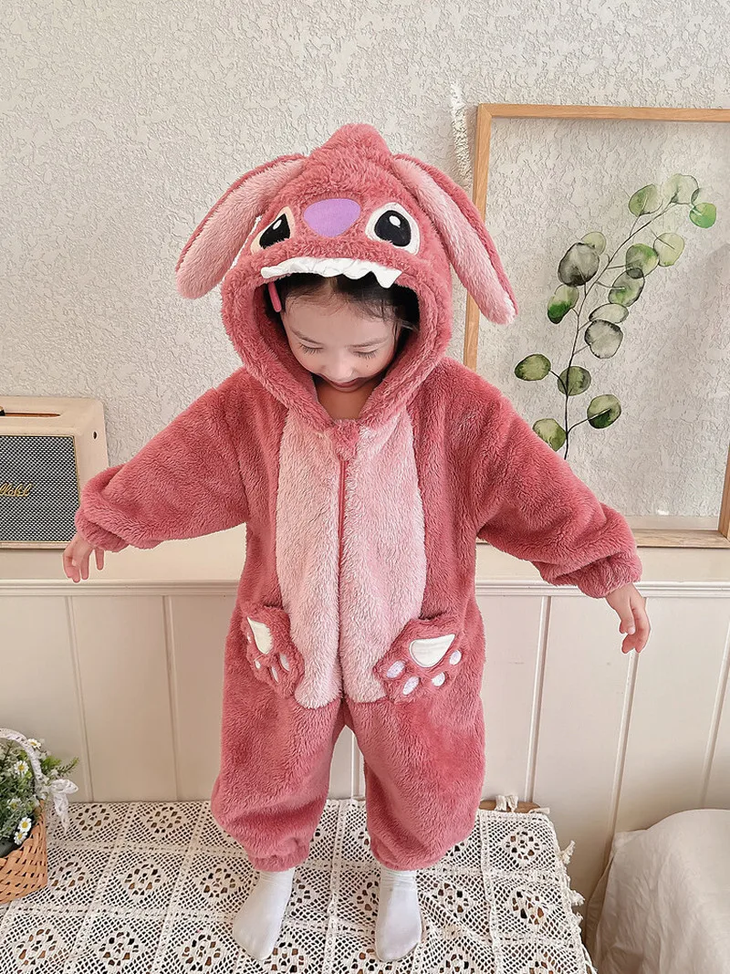 Miniso Anime Zipper Design Stitch Cartoon Male And Female Onesies One-piece Pajamas Warm Soft Thicken Nightgown