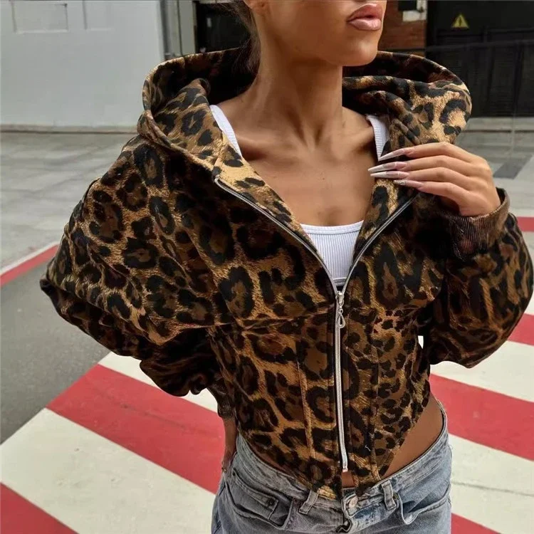 Y2k Leopard Print Hoodies Women Vintage Streetwear Irregular Slim Sexy Cheetah Print Zipper Hooded Sweatshirt