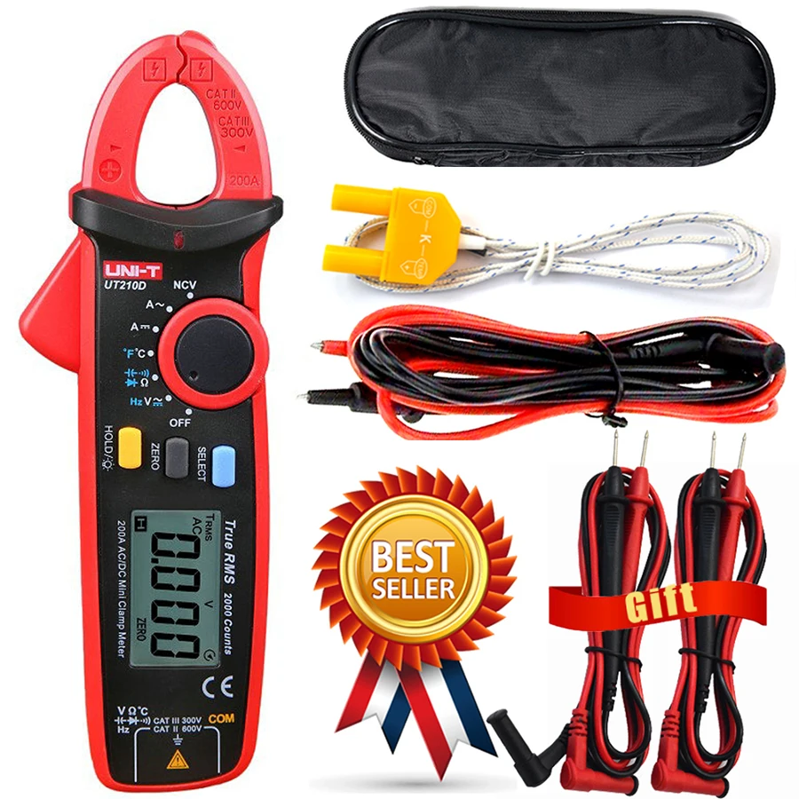 UT210D Digital Clamp Meter Multimeter Handheld RMS AC/DC Resistanc With Temperature,Send Two Test Lines.