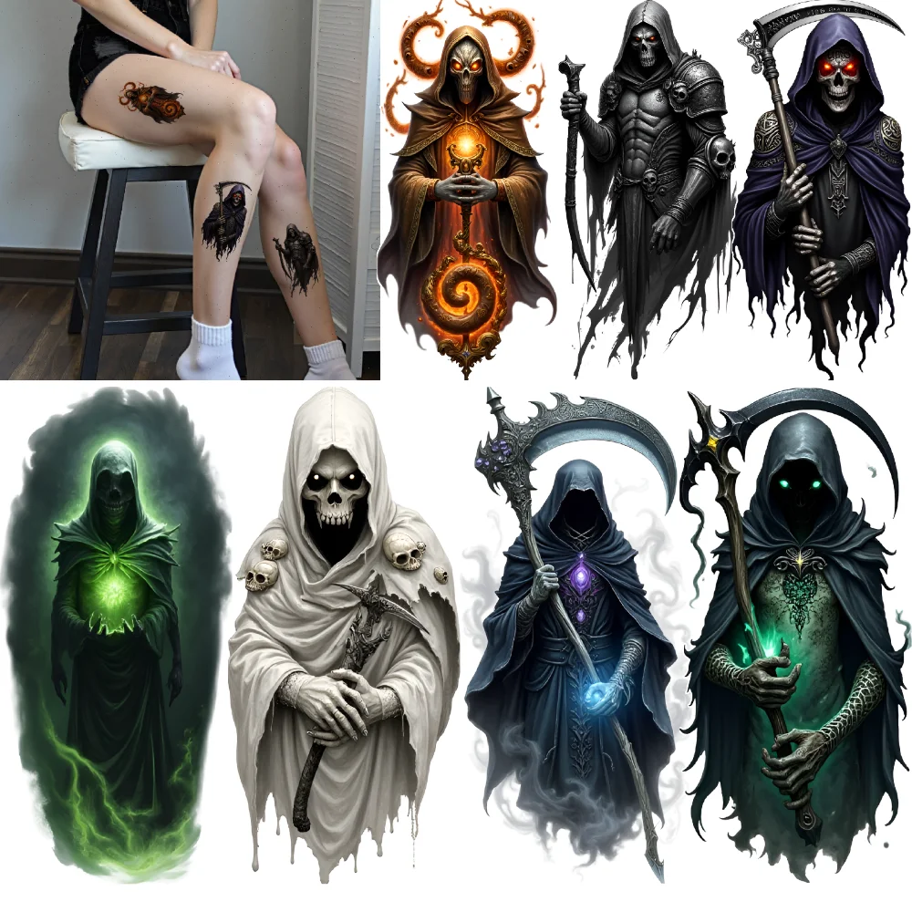 

3pcs Temporary Tattoo Grim Reapers Waterproof Long-lasting Body Stickers Hooded Skeletons Death Figures For Women Men Adults