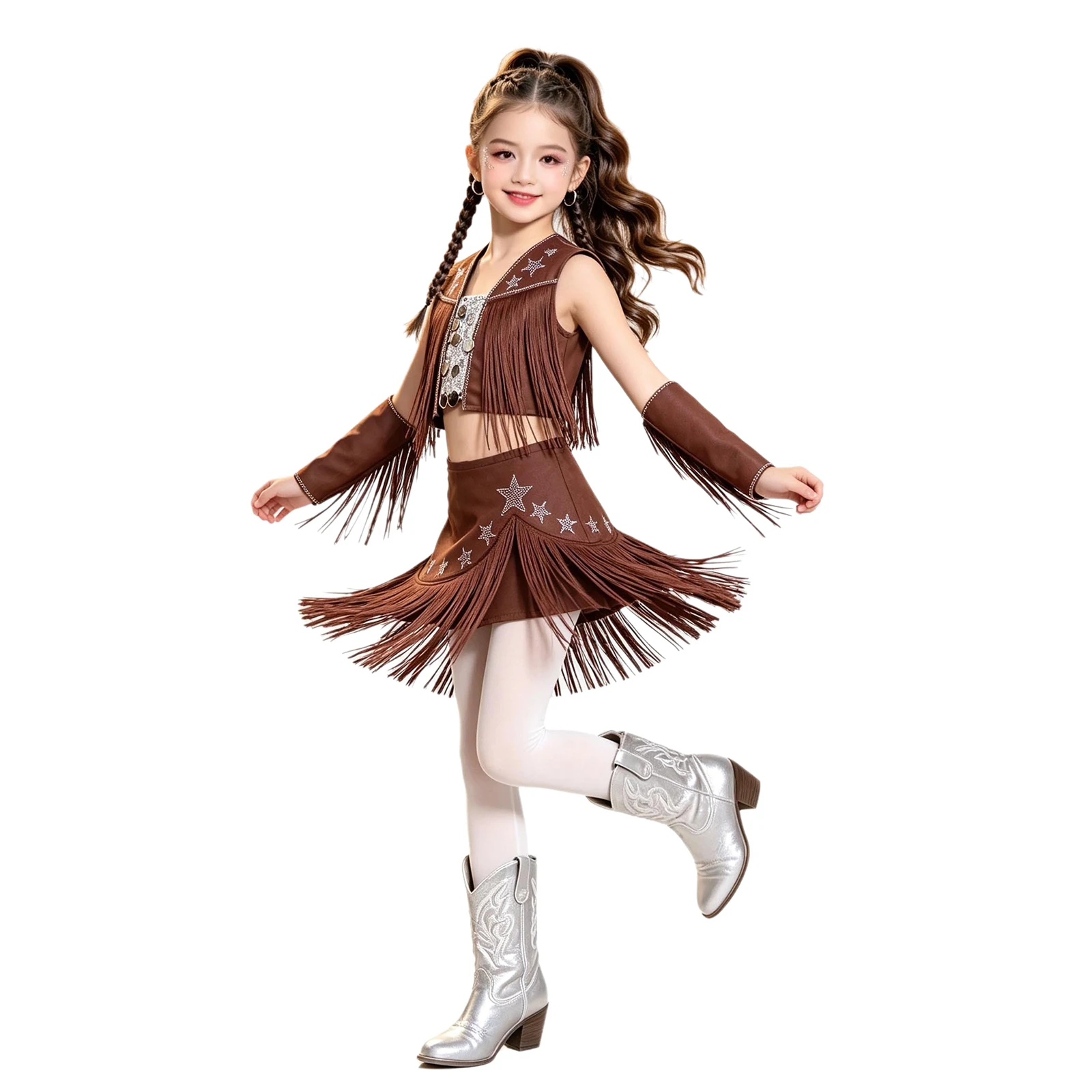 Kids Girls Western Cowgirl Jazz Dance Outfit Tassel Crop Tops with Culottes Oversleeve for Halloween Carnival Party Performance