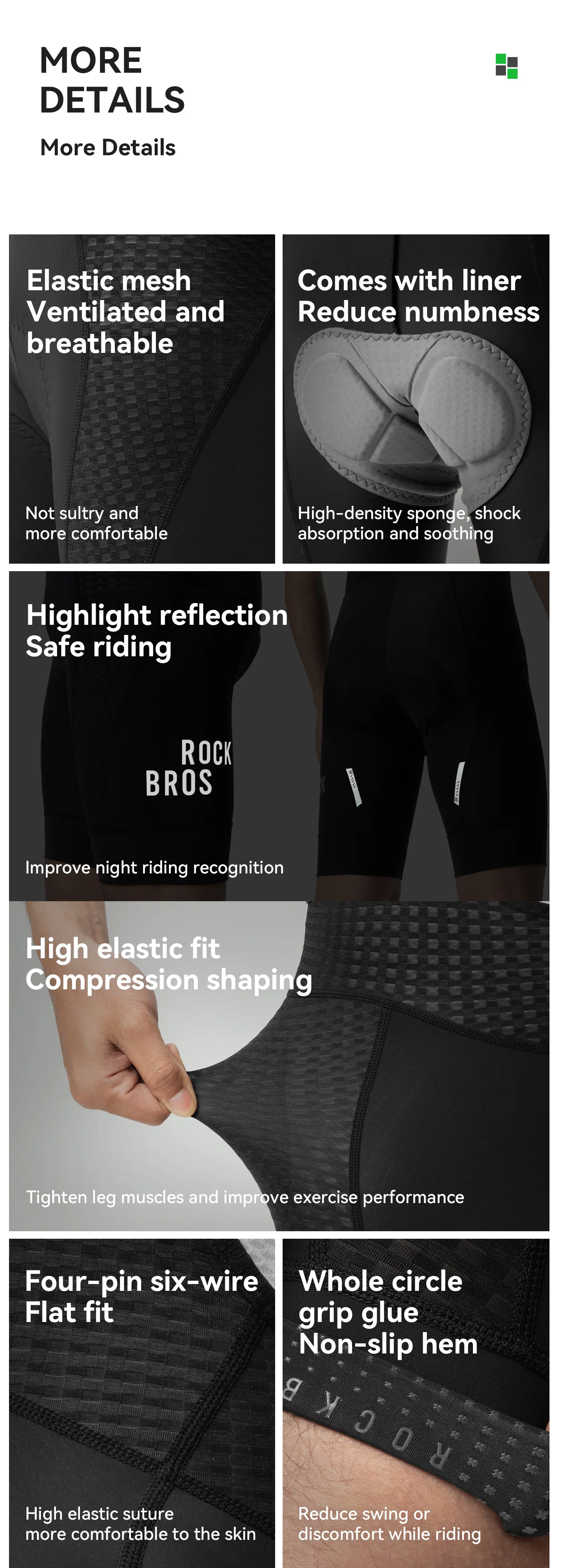ROCKBROS Sommer-Radlerhose Leichtgewichtig Hochelastisch Atmungsaktiv Stoßdämpfende Schwamm-Polsterung Fahrrad-Shorts – Detail 10