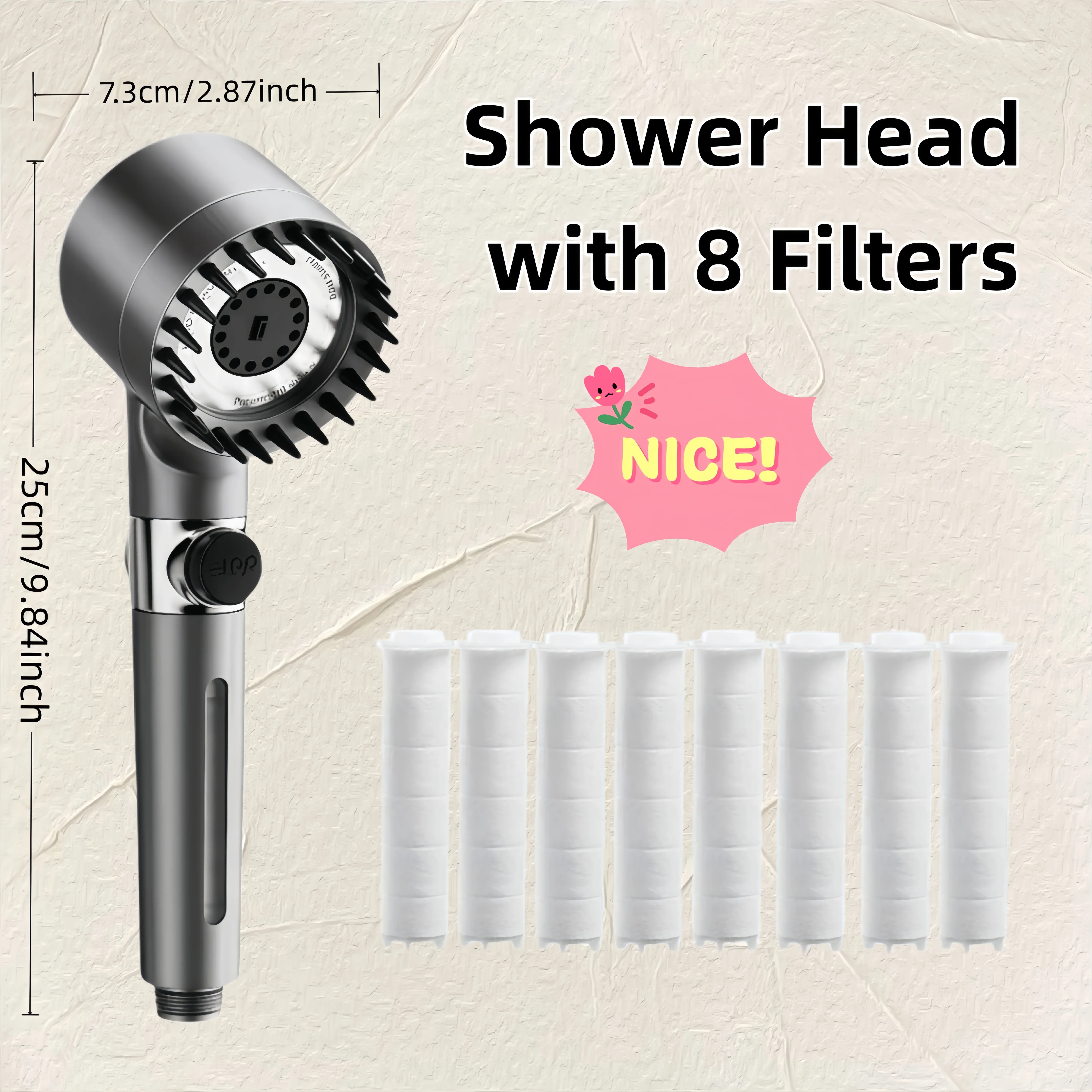 

Набор из 9 предметов: ручная душевая лейка высокого давления с 3 режимами, регулируемая, с функцией остановки воды одной кнопкой, жесткий фильтр и 8 сменных фильтрующих элементов для душа