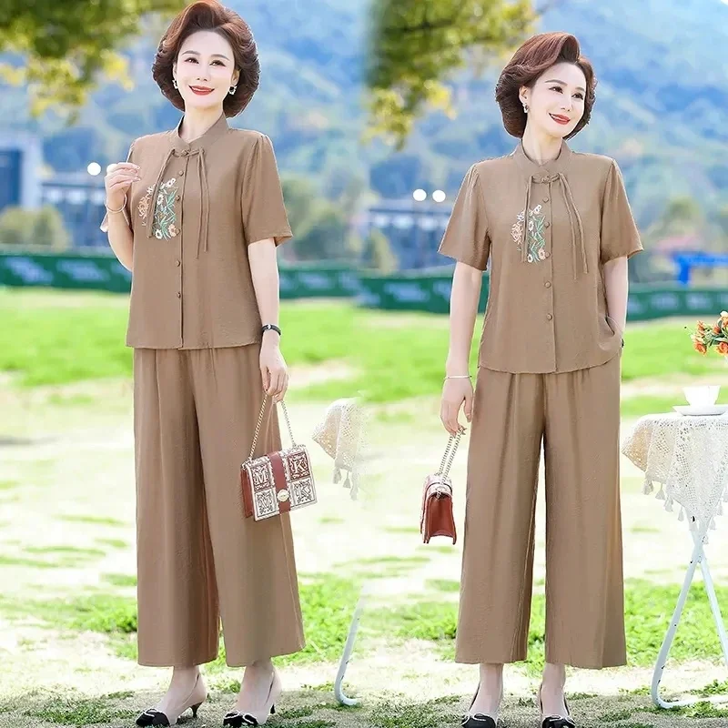 Middle Aged Mother Summer Cotton Linen Sets Embroider Shirts Top + Elastic Waist Wide Leg Pants Two Piece Suit Women 2PCS 5XL