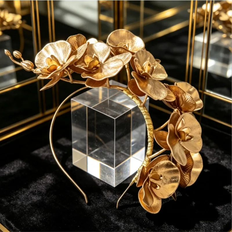 Vintage Gold Orchid Flower Headband Asymmetric 3D Phalaenopsis Hairpiece for Women Evening Party Gatsby Wedding Photo Prop