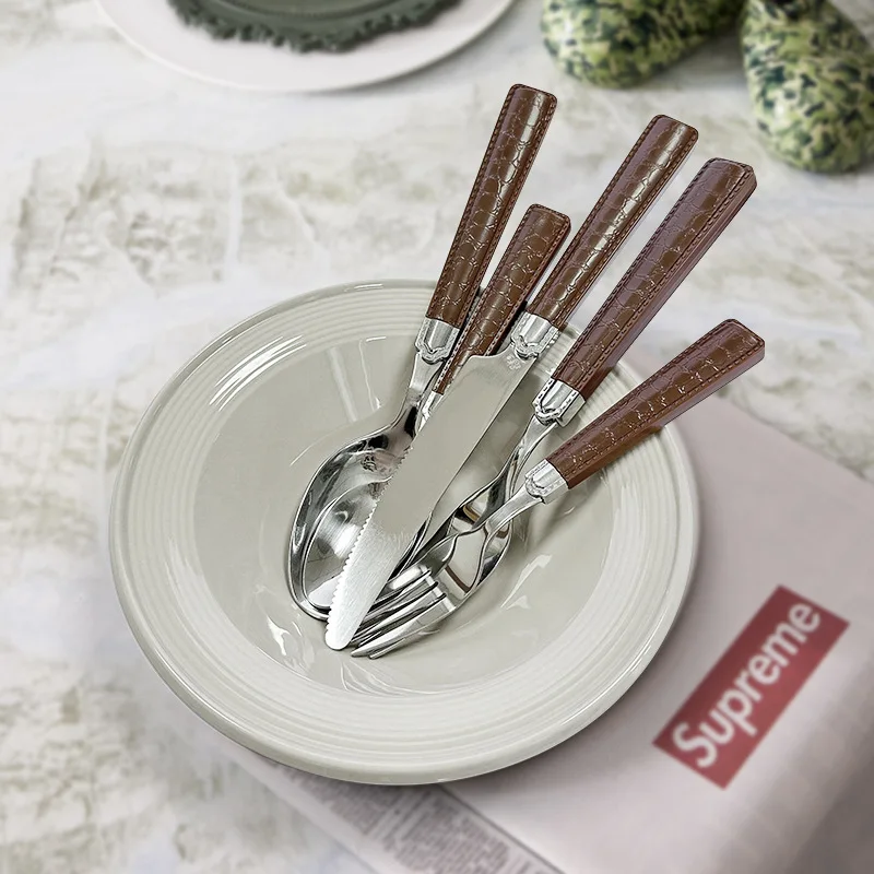 

Stainless steel knife, fork, spoon set with faux leather grain steak tableware, salad fork, spoon dinnerware set