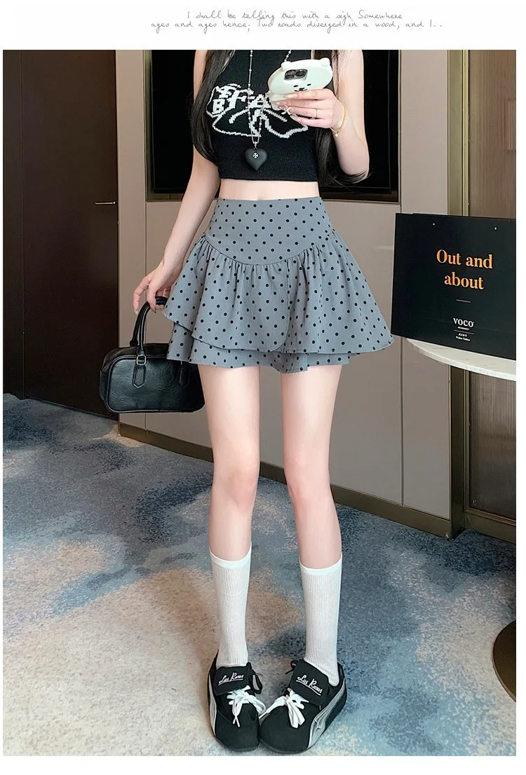 Koreanischer Stil Damen Polka Dot Minirock Hohe Taille Rüschen A-Linie Lässiger Pendler-Kurzrock mit Innenfutter – Detail 5