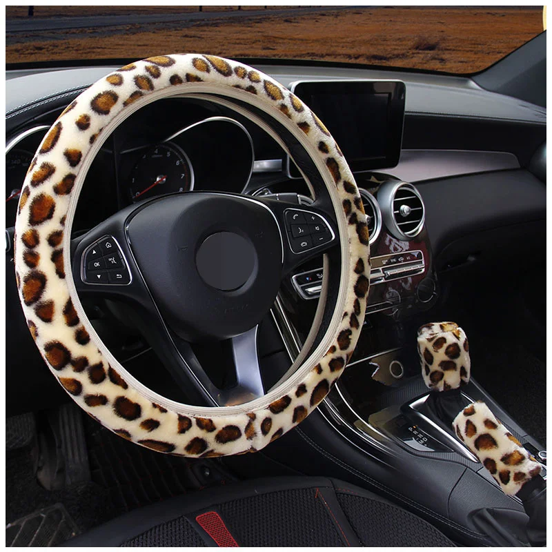 Universal Steering-wheel Plush Leopard Car Steering Wheel Covers Winter fur Hand Brake Gear Cover Set Car Interior Accessories