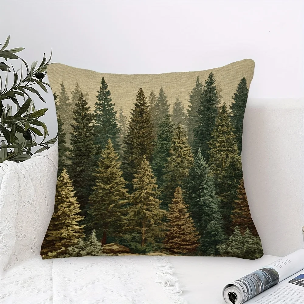 1pc Pillowcase, Vintage Christmas Pine Forest Design Pillowcase, Soft And Comfortable Polyester Short Fleece Fabric, Single-Sided Printing, (Excluding Pillow Core) Multi-Size Selection: 18*18 Inches 16*16 Inches, Machine Wash, Zipper Closure