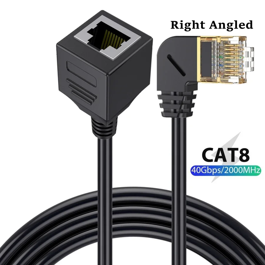 40Gbps Cat8 Extension 8P8C Cable Cord Rj45 Cat8/7/6 Ethernet Lan Network Male To Female 90 Degree Right Anlge For PC Laptop