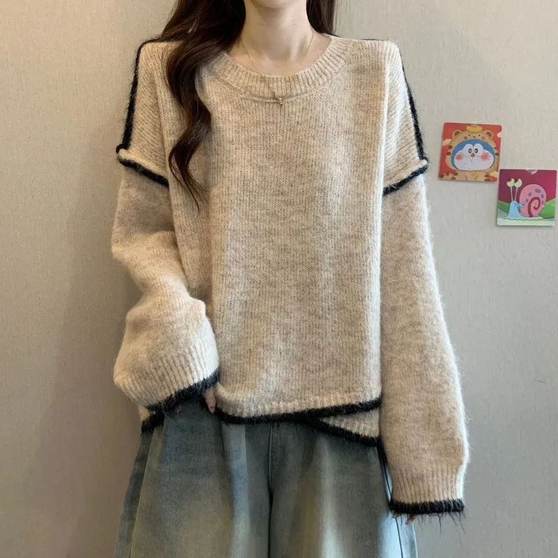 Women Round Neck Irregular Hem Knit Sweater Contrast Trim Long Sleeve Loose Casual Pullover