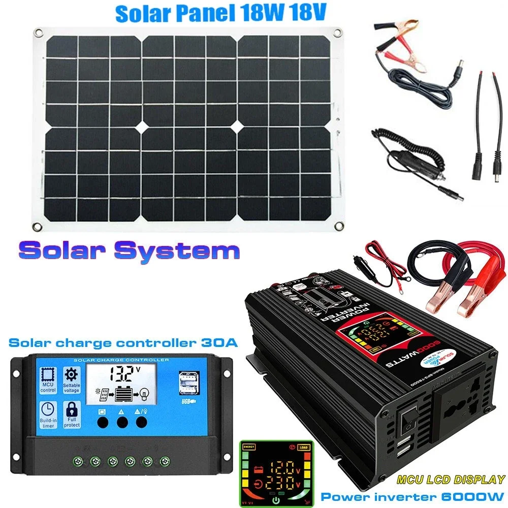 Solar Power Generation System Komplette Kit 18V 18W Dual USB Solar Panel + 30A Controller + 6000W modifizierte Sinus Welle Inverter