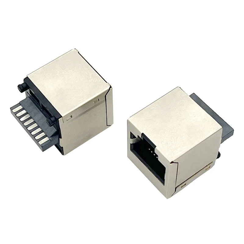 RJ45 socket 5224 8P8C with shielding cover, square soldered type. RJ45 connector for network port, female connector with 8 pins