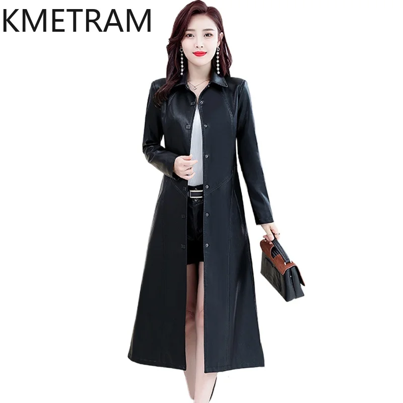 KMETRAM-Trench coat feminino de comprimento médio de pele de carneiro, casacos de couro genuíno, colarinho quadrado, slim fit, tamanhos M a 7XL, primavera e outono