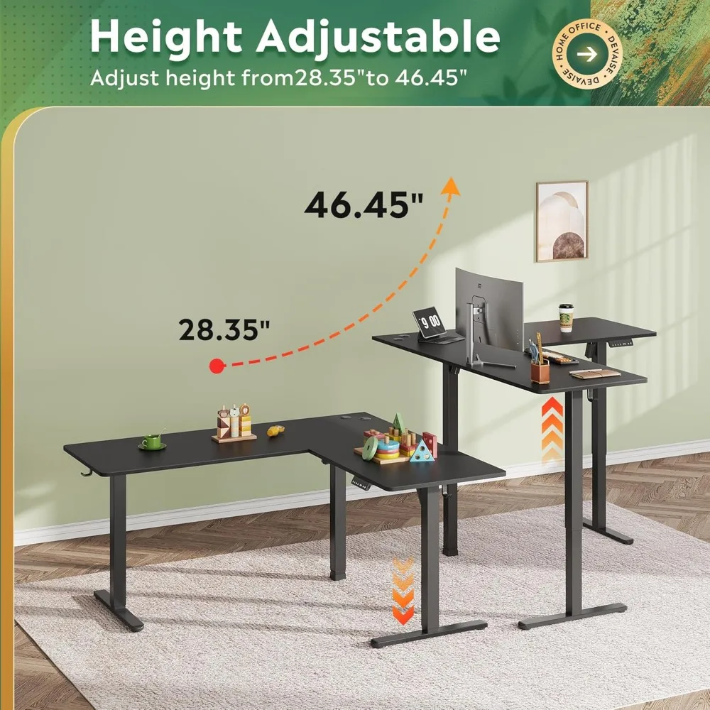 مكتب قائم على شكل حرف L بارتفاع قابل للتعديل، مكتب قائم بزاوية كهربائية بمحرك مزدوج، مقاس 63 × 55 بوصة، مكتب مكتب منزلي مع