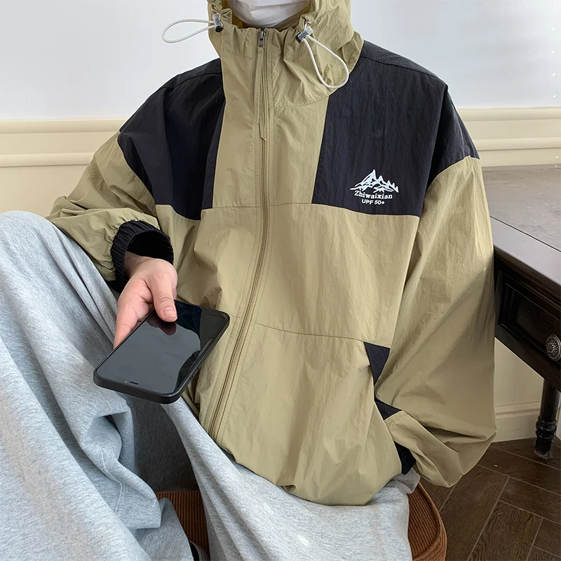 Outdoor Patchwork Hooded Sunscreen Coat Men Women Lightweight Coats for Running Camping Hiking Traveling UV Protection Jackets