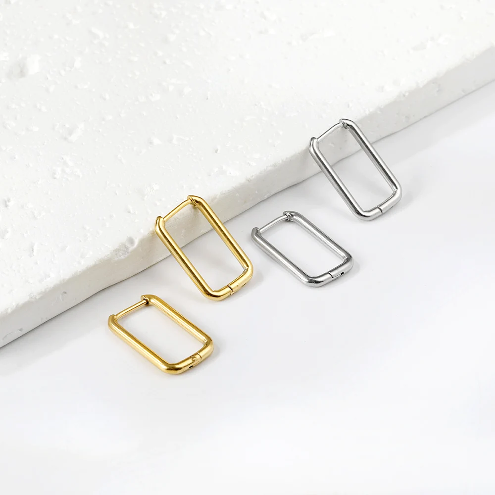 LUXUSTEEL Simple Rectangle U-Shaped Hoop Earrings For Women Men Golden Plated Stainless Steel Chunky Huggie Cartilage Earrings