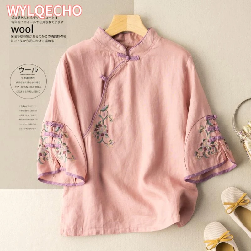 Chinese Tang Suit Shirt Cotton Linen Embroidery Blouse National Style Slim T-shirt Women Vintage Elegant Traditional Hanfu Tops