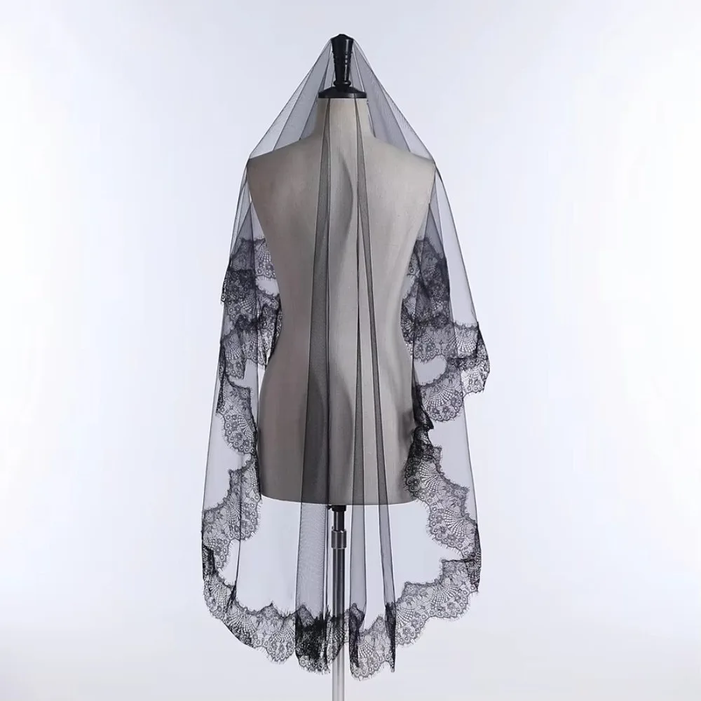 Elegant One-Layer Bridal Veil Black Lace Trim Mantilla Veil Hair Accessories Sheer Wedding Veil Halloween Costume