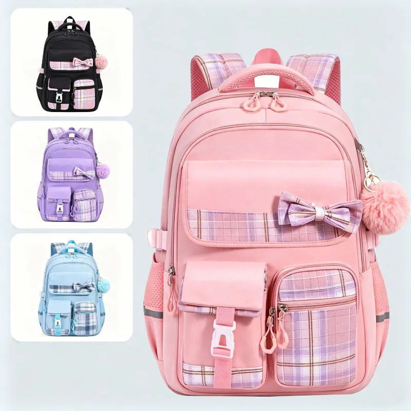 3pcs/set School Backpack for Girls Bookbag Elementary Middle School Bags Student Cute Plaid Backpack with Lunch Bag Pencil Bag