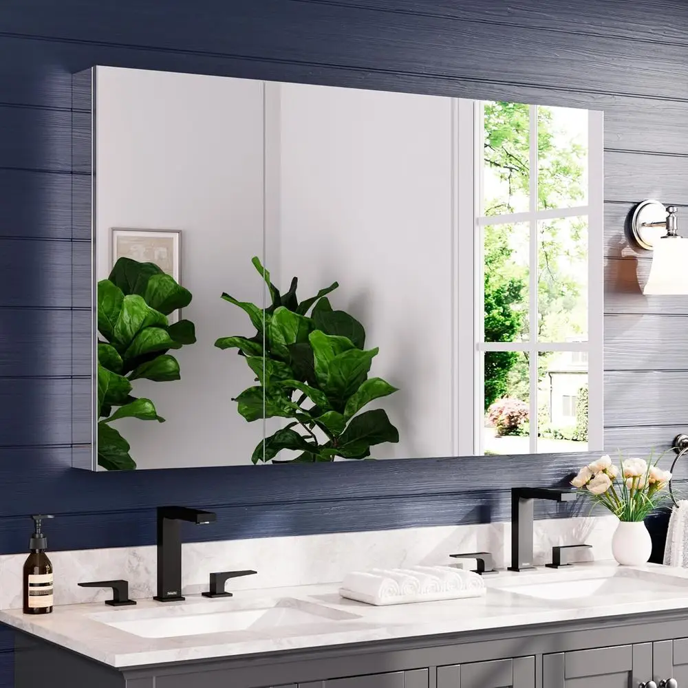 

48 x 30 Silver Recessed Medicine Cabinet with Mirror, Adjustable Shelves, Soft-Close Door