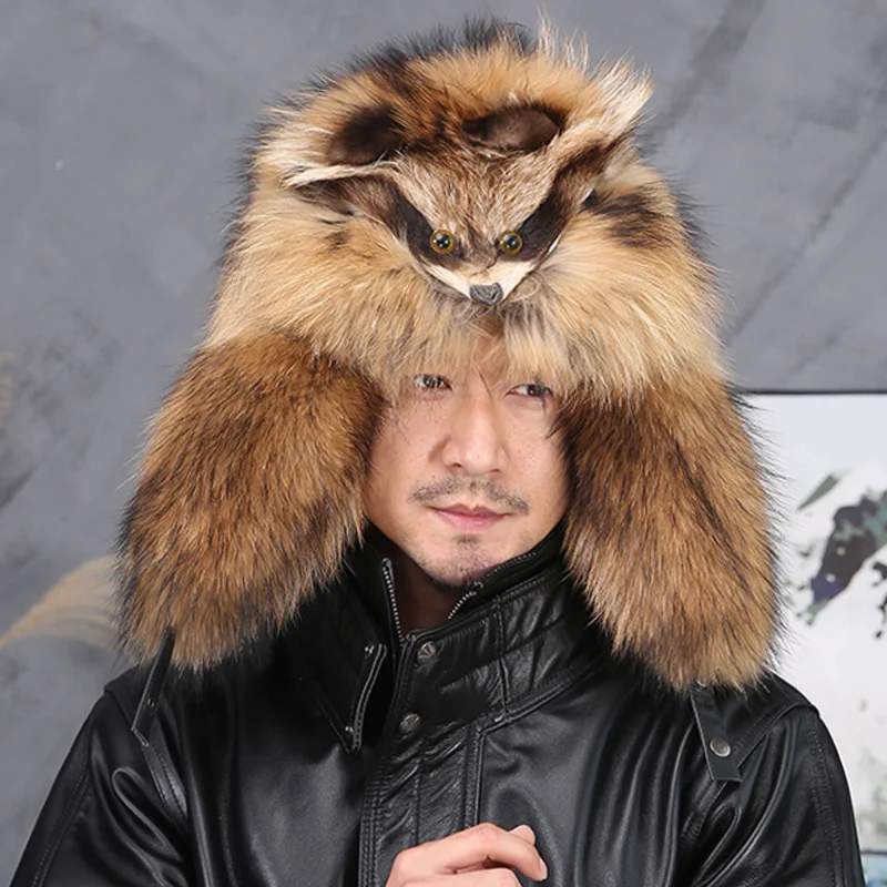 Real Fur 100% Raccoon Fox Skin Russian Hats Pilot Bombers Full Mao Men\'s Hat Ushanka Winter Ear Guard Hat Raccoon Fur Beanie Hat