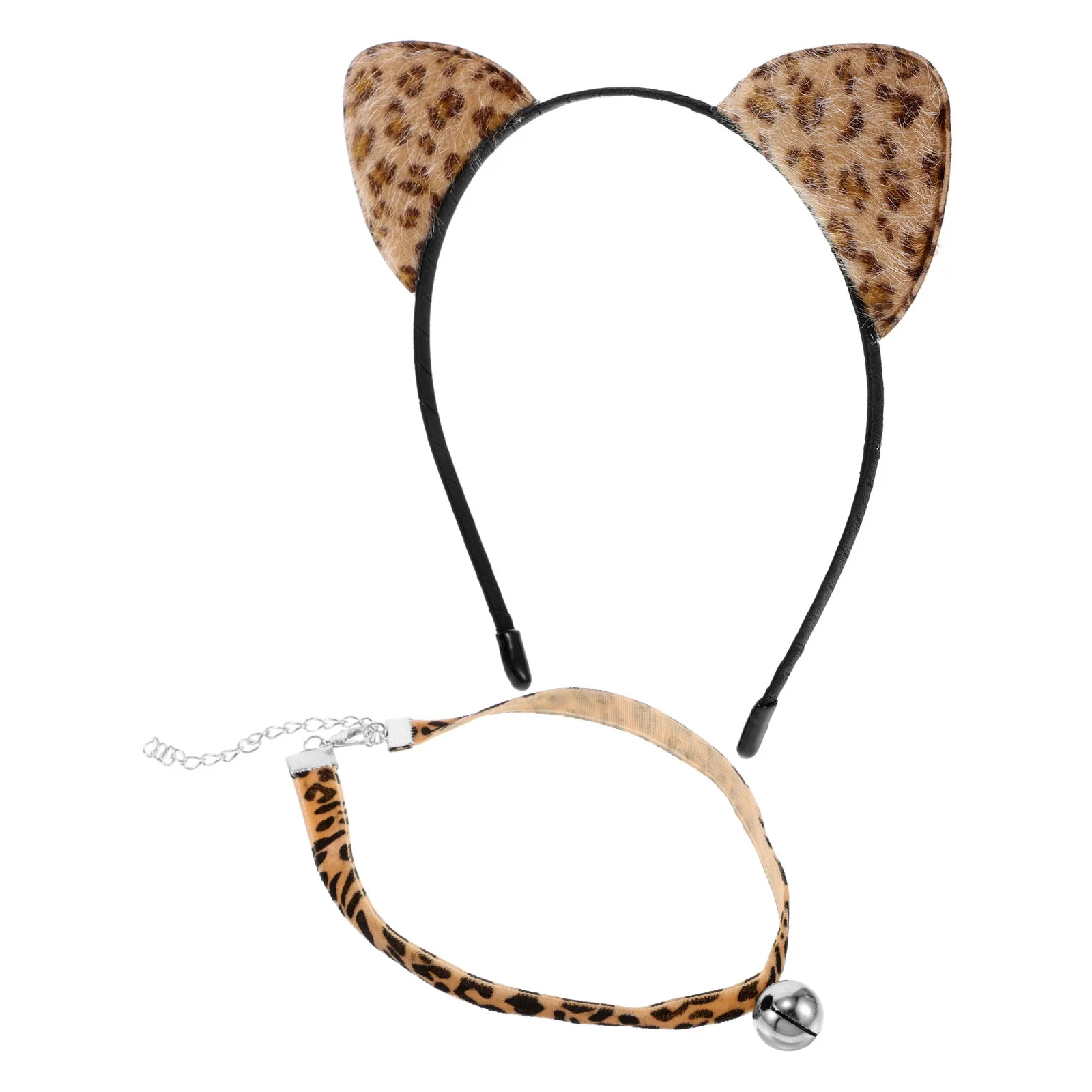 1Set Cat Ears Headband Leopard Print Bell Choker Necklace for Women Party Dress-Up Cosplay Accessory Festival Costume Event Hair