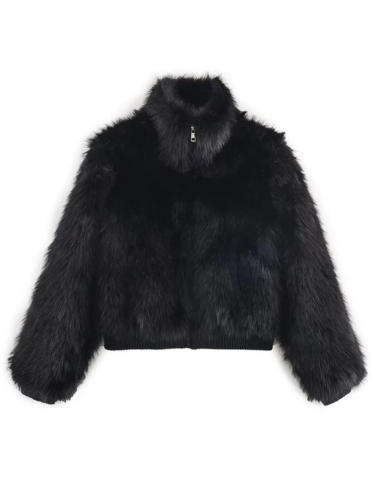 

HH Woman New Winter Fashion Versatile Long Sleeves Stand Collar Zipper Faux Fur Effect Jacket Female Street Style Casual Coat