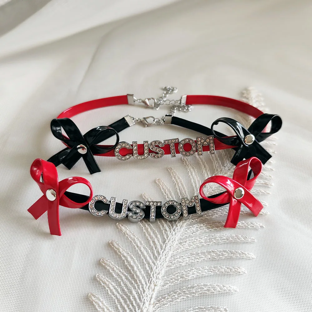 

Bright Pu Leather Bowknot Choker Collar Custom Letter Name Necklace Women Girls Fashion Personalized Jewelry Gifts Black Red