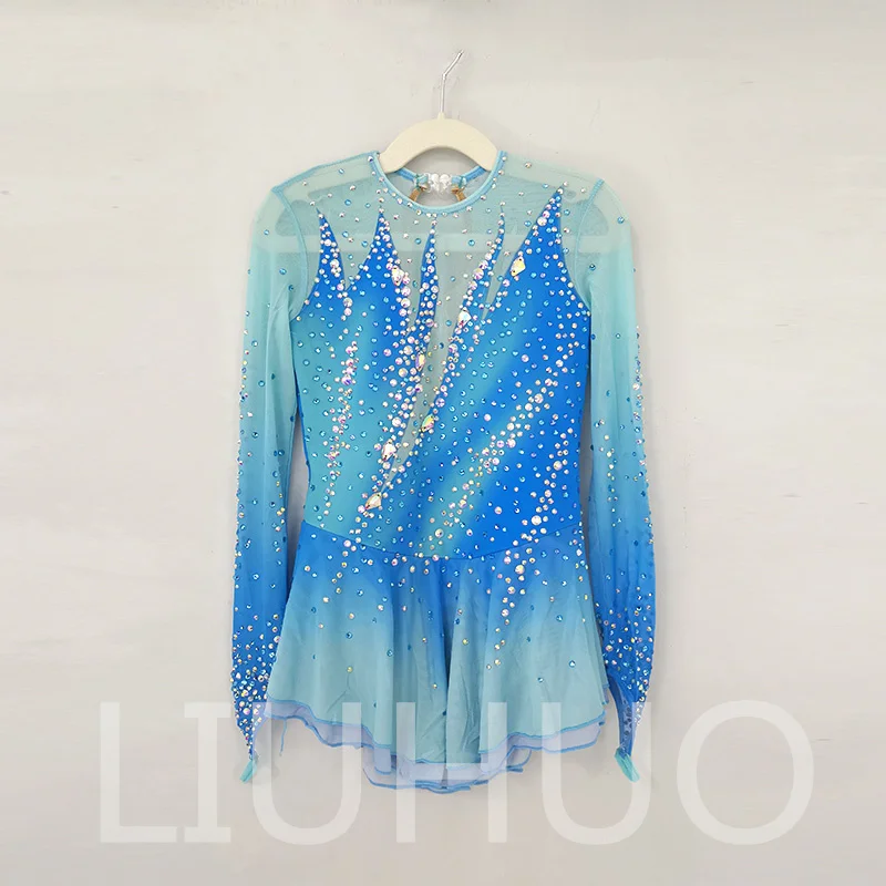 LIUHUO Ice Figure Skating Dress Girls Women Teens Stretchy Spandex Competition Wholesale Blue