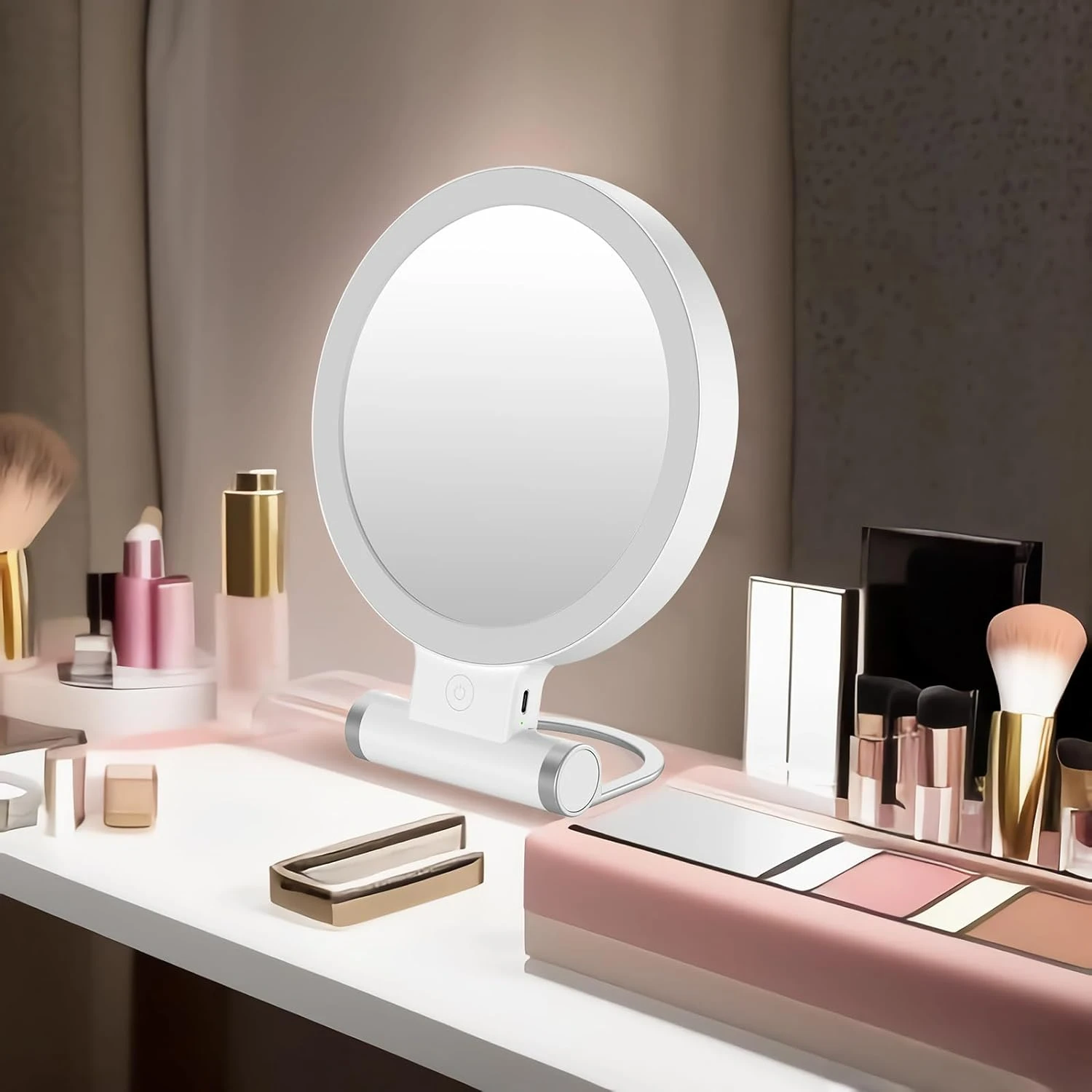 

Portable Double-Sided Lighted Makeup Mirror with 10X Magnification, LED Lights, Foldable Stand – Ideal for Travel, Makeup Appl