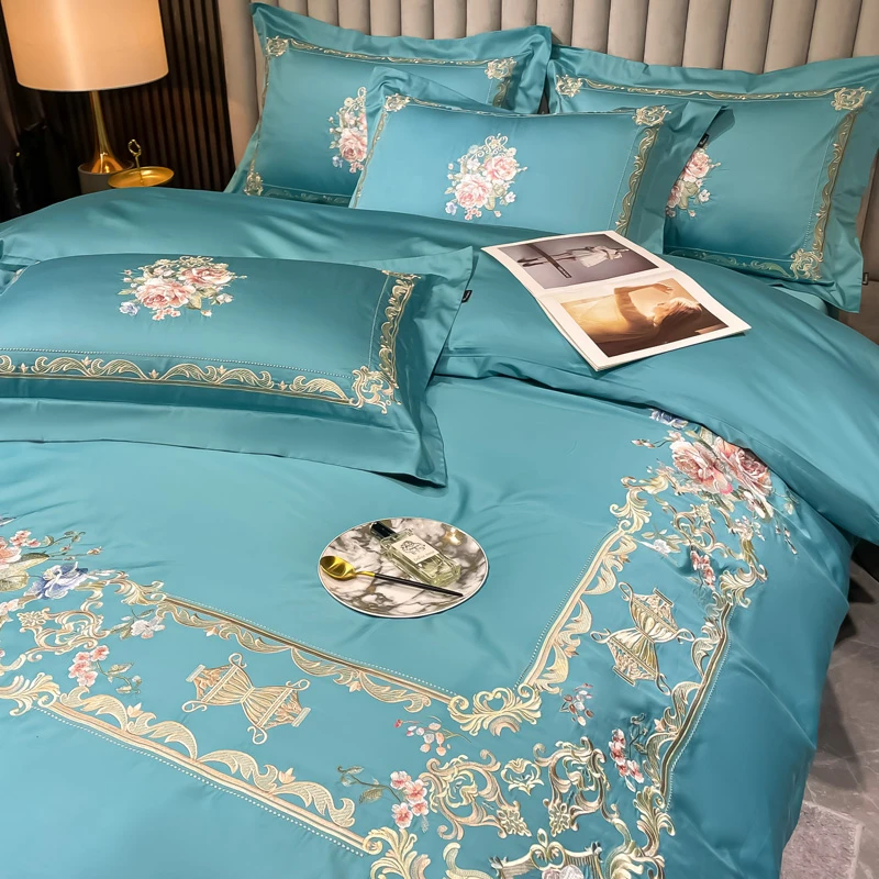 Chic Embroidery Flowers Frame Duvet Cover Set Double Queen King 4Pcs Egyptian Cotton Bedding Set Flat/Fitted Sheet Pillowcases
