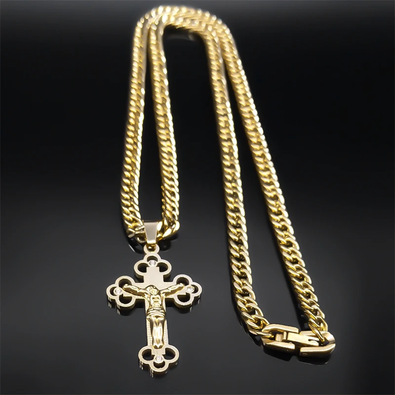 Hip Hop Kreuz Jesus Kreuzigung Halskette für Männer Frauen Gold Farbe Edelstahl Cuban Link Kette Punk Rock Männlichen Schmuck N8242S – Detail 7