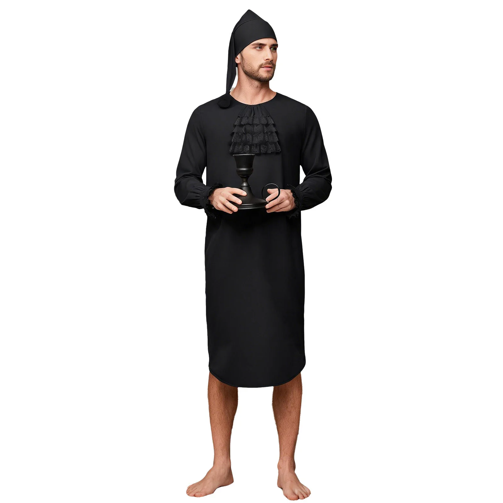 Chemise de nuit médiévale victorienne pour homme, manches longues, bordure en dentelle, col à volants, avec chapeau et porte-bougie pour cosplay d'Halloween